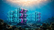 © peno - Cylindrical sealed server pods submerged in clear deep azure ocean water, illuminated by vibrant neon cyan and magenta lighting, marine life silhouettes (small fish) swimming around