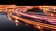 © Zulfa - Illuminated digital streams move rapidly across a dark, reflective surface.
