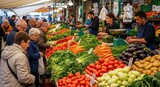 People shopping at a market stall with fresh vegetables and fruits, including tomatoes, carrots, and potatoes, in a bustling outdoor setting.