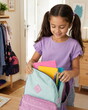 © Anastasiia - A cheerful elementary school girl packing colorful notebooks, pencils, and school supplies into her backpack in a bright bedroom before the first day of school.
