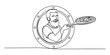 © Kanu Art_Gallery - Continuous one line drawing of a bearded pizza chef holding a delicious round pizza inside a round porthole frame