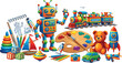 © sumi - Colorful Childrens Toy Vector Set Featuring Robot Train Teddy Bear Art Palette Rocket Ship and Blocks for Education Kids Games and Kindergarten Designs