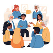 © andri - Diverse group of people sitting in a circle having a discussion in a casual meeting with a woman gesturing in the center.