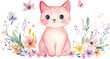 © sumona - Cute white kitten with pink flowers illustration, adorable cartoon cat portrait with nature and love theme