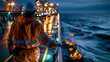 © Julia - Tanker crew member walking on illuminated safety lines on deck at night over dark ocean in professional maritime work atmosphere