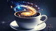 © Syahril Priatna - Surreal coffee cup containing a glowing miniature galaxy swirling with cosmic stardust and distant planets