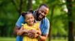 © Ariestia - Happy African American Father Hugging His Young Daughter and Laughing Together in a Sunny Green Park