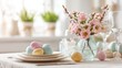 © Sinechana - 65.Refined Easter table decor with delicate flowers, pastel eggs and simple tableware, balanced layout, light background, natural springtime elegance