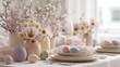 © Sinechana - 65.Refined Easter table decor with delicate flowers, pastel eggs and simple tableware, balanced layout, light background, natural springtime elegance