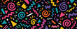 © Zbrake Studio - Retro 1990s style seamless pattern featuring colorful geometric shapes, zigzags, spirals, and confetti on a black background for party or fun designs.