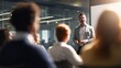 © Ivy - boardroom. Business professional presenting to a small audience in a modern conference setting. pitch deck slides, case study pages, designed for enterprise HRIS and productivity software interfaces.