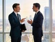© Infinite Views - Two professional businessmen discussing strategy in modern office, corporate partnership meeting with city view background, financial planning and executive management concept.