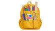 © Aisling - Yellow backpack filled with school supplies including pencils crayons scissors ruler, and paint palette
