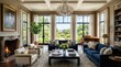 © Solida - A luxurious living room with a high ceiling, large windows, and a fireplace. The room features elegant furniture, a chandelier, and a view of greenery outside.