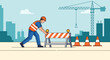 © MD - Dedicated construction worker in a safety vest and helmet sets up an orange striped barrier at a busy city building site with a crane.