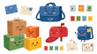 © jaina - Cute cartoon postal service elements including mailboxes, packages, envelopes, and bags with happy faces.