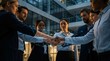 © horizon - Diverse business team joins fists in a circle with glowing digital network lines connecting their hands to represent strong collaboration.