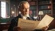 © Budistudio - A distinguished elderly gentleman with a gray beard and mustache, dressed in a formal suit, intently reads an old document in a richly decorated library filled with books.