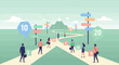 © Anyut Studio - Diverse individuals navigate a winding path towards a distant mountain, making choices at various intersections marked by directional signs and numerical indicators, symbolizing career or life