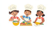 © Juwel - Three diverse children wearing white chef hats and aprons smile while cooking together with fresh vegetables, a whisk, and a rolling pin in a kitchen.