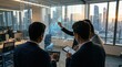 © Sharma - Financial traders analyzing stock market trends on transparent glass screen in high-rise office, investment banking and global economy trading concept at sunset