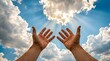 © Vatrick - First person perspective POV of a man open hands lifted up towards bright majestic sunbeams breaking through white clouds in a blue sky.