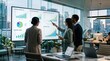 © Sophie - Business team analyzing renewable energy data on large screen, corporate strategy meeting, financial charts, investment trends, sustainable growth planning in modern office.