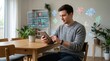 © Zoe - Man using tablet with floating health data holograms including heart rate sleep activity and wellness metrics for personal healthcare tracking and digital health monitoring at home