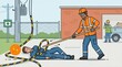 © Anat art - Worker in orange gear pulls injured person away from electrical hazard using a pole. Background shows utility equipment and safety personnel.