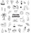 © Kate - Italian Summer Hand Drawn Doodle Icons Set with Mediterranean Food, Wine, Sea and Vacation Elements