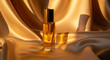 © emas - A mockup of a luxurious skincare product display featuring a golden bottle and a dropper on a silk fabric with a warm glow, showcasing the product in a serene and elegant setting.