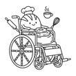 © Nazmin - Kawaii bread chef character in wheelchair vector, cute bakery mascot with disability inclusion, line art loaf of bread baker with rolling pin
