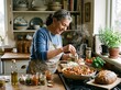 © putri - Senior woman preparing a healthy meal in a rustic kitchen with fresh ingredients and spices