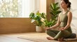 © MstHafija - Young woman meditating in lotus position on a rug in a bright minimalist living room with houseplants