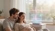 © YiuCheung - Pregnant couple smiles at glowing heartbeat monitor on cozy living room table.