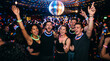 © Md Rakibul Islam - Energetic young people with glow stick accessories cheer and embrace under a large disco ball at a lively nightclub event, capturing the spirit of youth entertainment and celebration.
