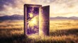 © LarisaM - Ancient door stands open in golden field. Purple starlight spills through its cracked frame. Mountains fade softly into twilight sky. Luminous glow pulses from beyond the threshold