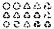 © Raisa - Collection of fifteen black recycling symbols in various shapes like circles and triangles represents environmental sustainability and waste.