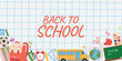 © Nataliia - Back to School Banner with School Bus, Accessories, Grid Notebook Background and Education Elements Vector Template