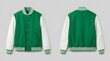 © LUBNA - Front and back view of a green varsity jacket with white sleeves and striped trim.