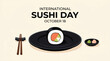 © Life Shyntax - Illustration of International Sushi Day on October 18, featuring a single sushi roll with salmon and avocado on a black plate, accompanied by chopsticks, ginger, and wasabi.