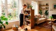© Simone Matos - Happy woman living room home interior dust bookshelf window natural light bright day lifestyle