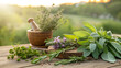 © prabuddamadushan - Herbs, green plants, mortar and pestle, natural medicine, herbalism