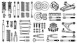 © Kulsum - Car suspension and auto repair line art vector icon set with struts shock absorbers brake discs wrenches pliers and mechanical tools