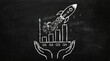 © SHARMIN - Chalk drawing of rocket launching from bar chart held by hands on blackboard growth