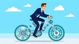 Man in suit riding bicycle made of gears under blue sky with clouds image