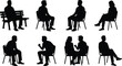 © MdMonjurul - Collection of black silhouettes of people sitting on chairs and a park bench talking waiting and relaxing isolated on white background.