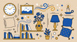 © apps - Home and interior concept icons with clock, pillows and flower vase for print design in minimal vector art