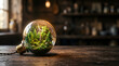 © T57 Media - Miniature forest with wind turbine inside a glowing light bulb on a rustic table, green energy concept
