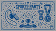 © Imam - Sports party theme celebration with medals, trophy, and whistle on gray background with blue graphics.